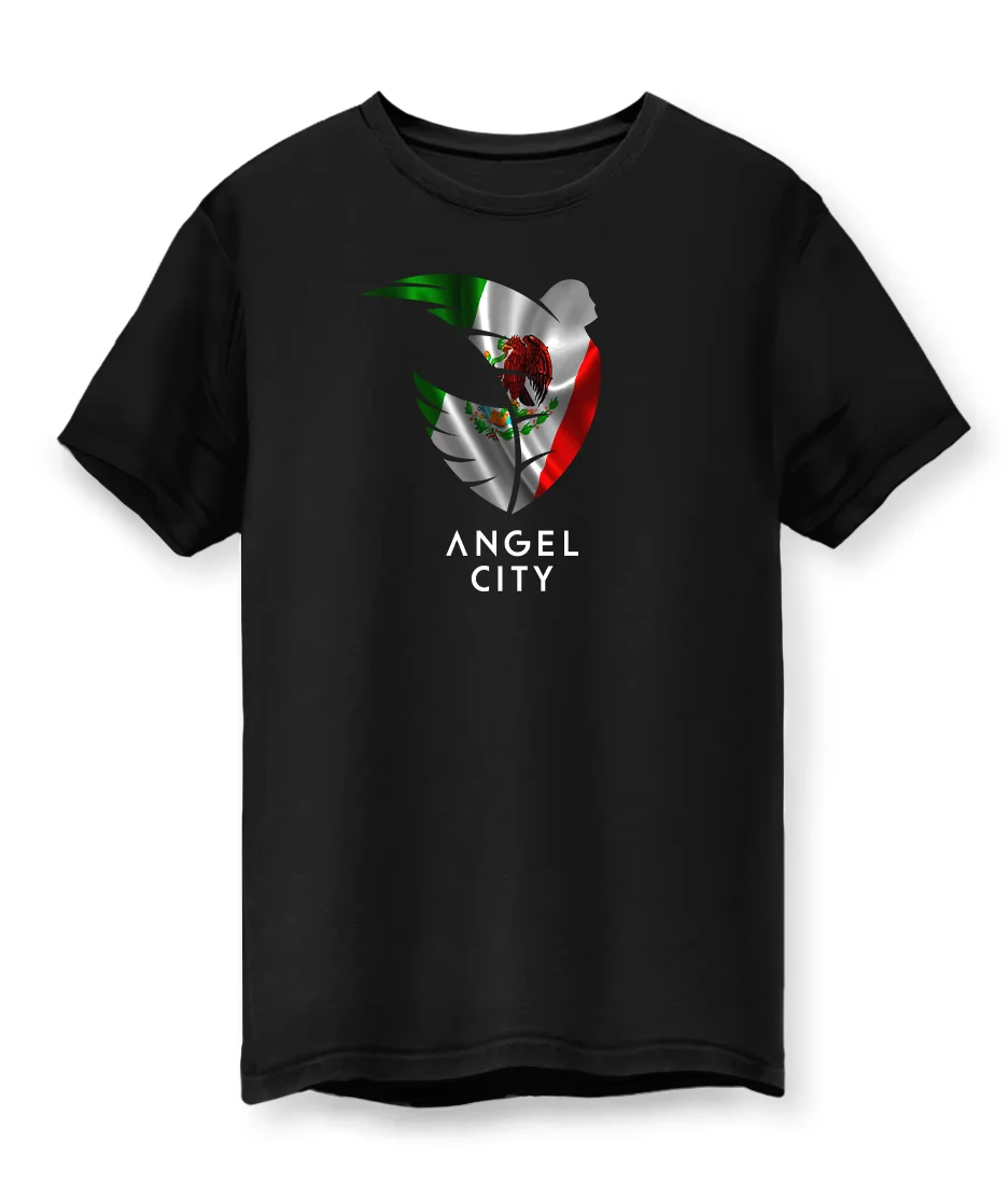 Black tee with the Mexican flag flowing inside the Angel City crest