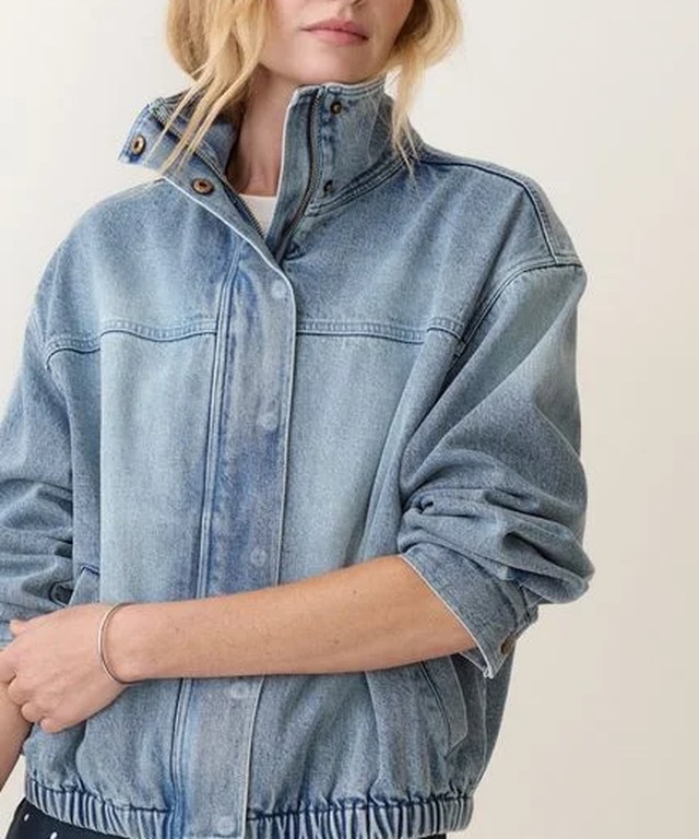Close view of the stand collar, snap placket and chest seam