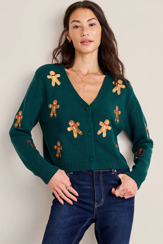 Deep green cardigan with embroidered gingerbread men