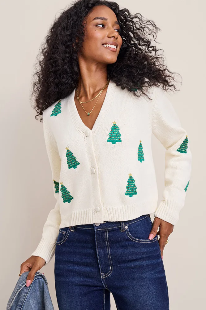 Ivory cardigan with embroidered Christmas trees and gold stars