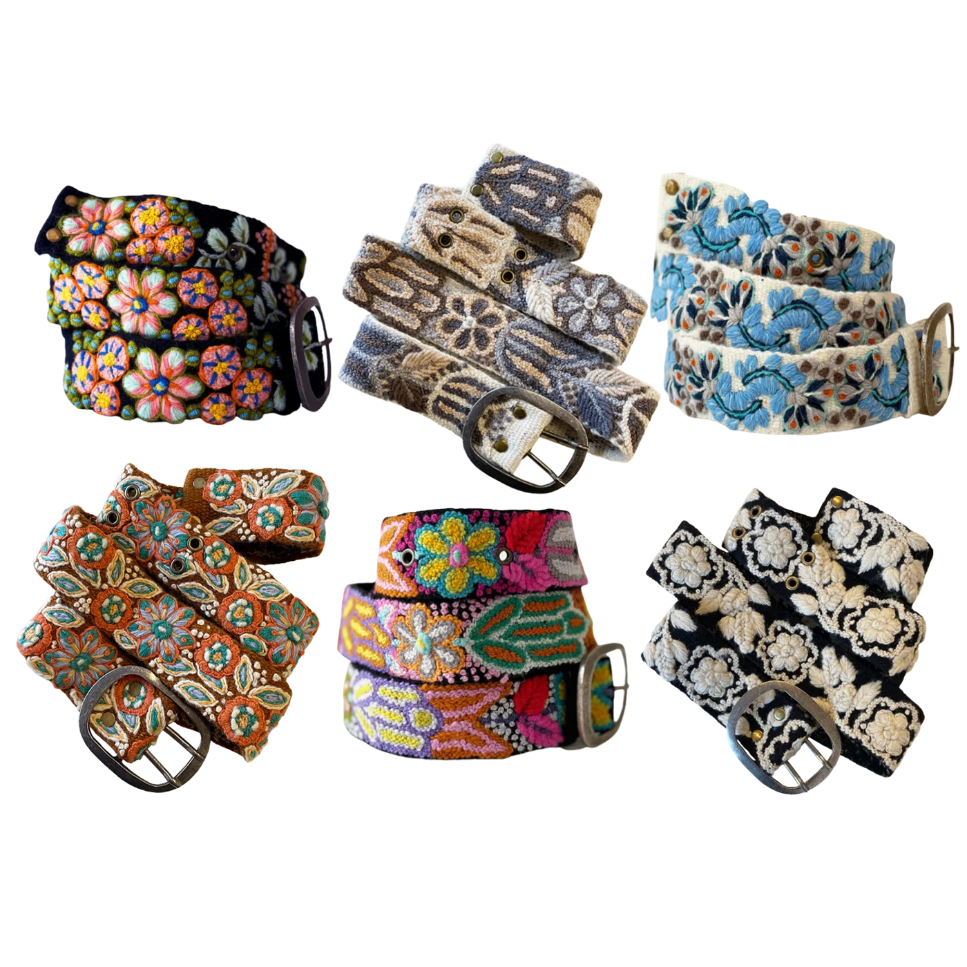 Six hand-embroidered Jenny Krauss belts in floral and geometric patterns