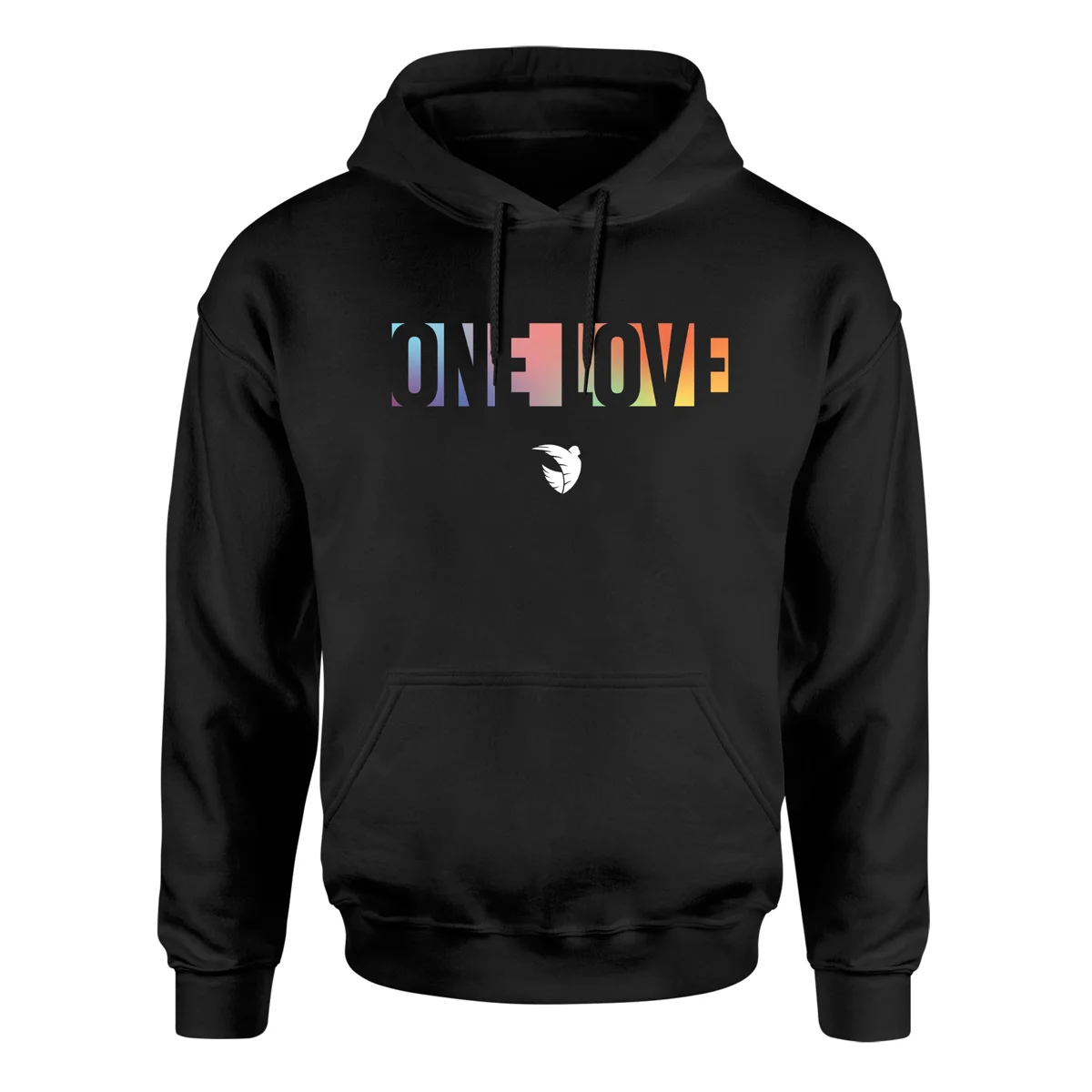Black hoodie with rainbow One Love lettering and the Angel City bird