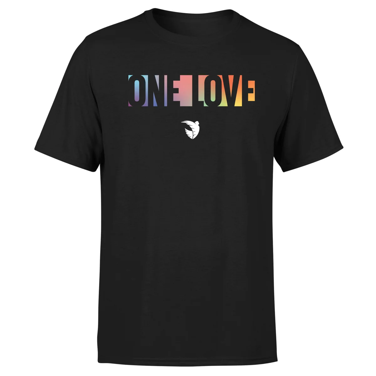 Black tee with rainbow One Love lettering and the Angel City bird