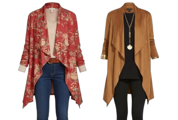 The faux suede jacket in the floral print and in saddle brown, side by side